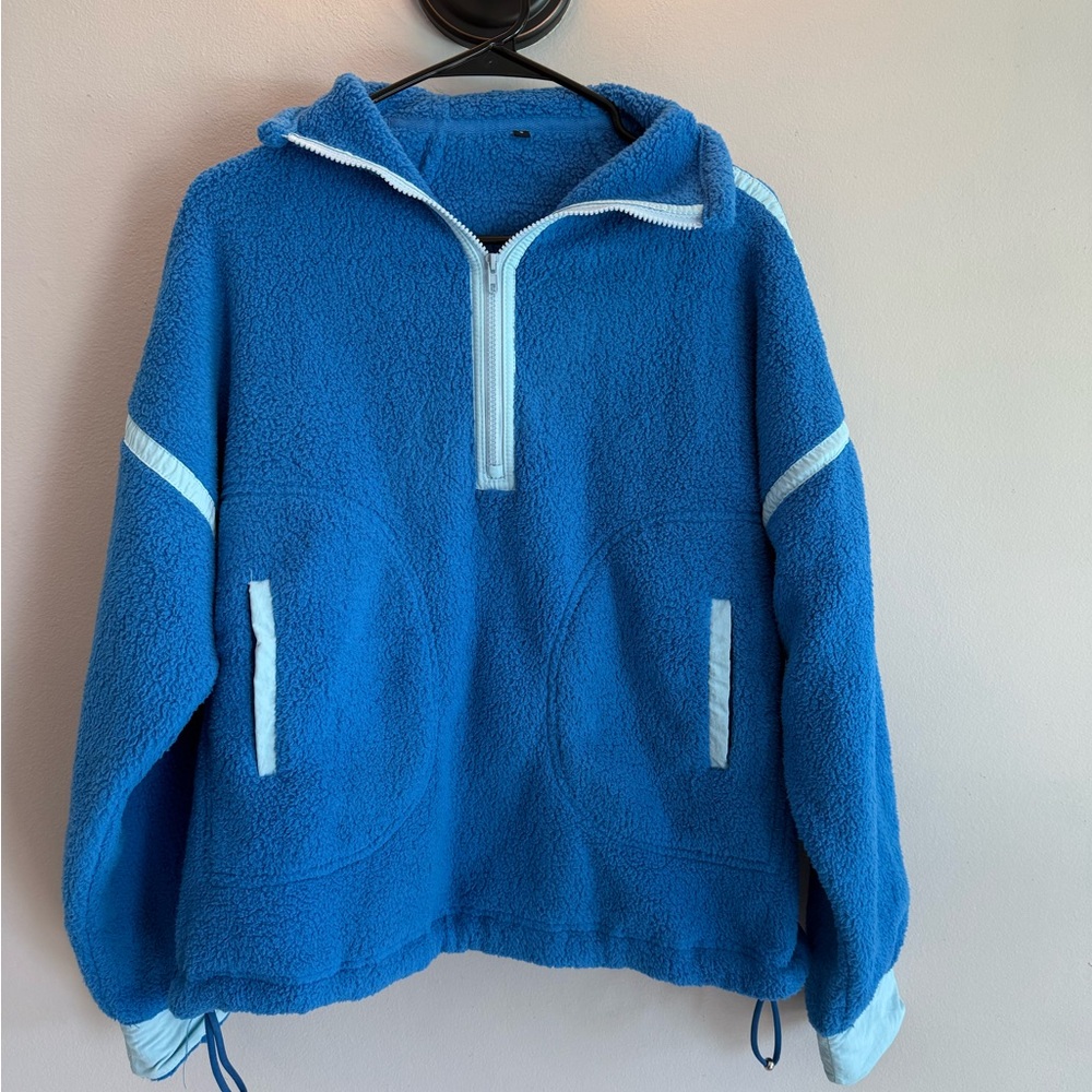 Blue Sherpa Fleece Quarter Zip Pullover Sweatshirt with Contrast Trim Small